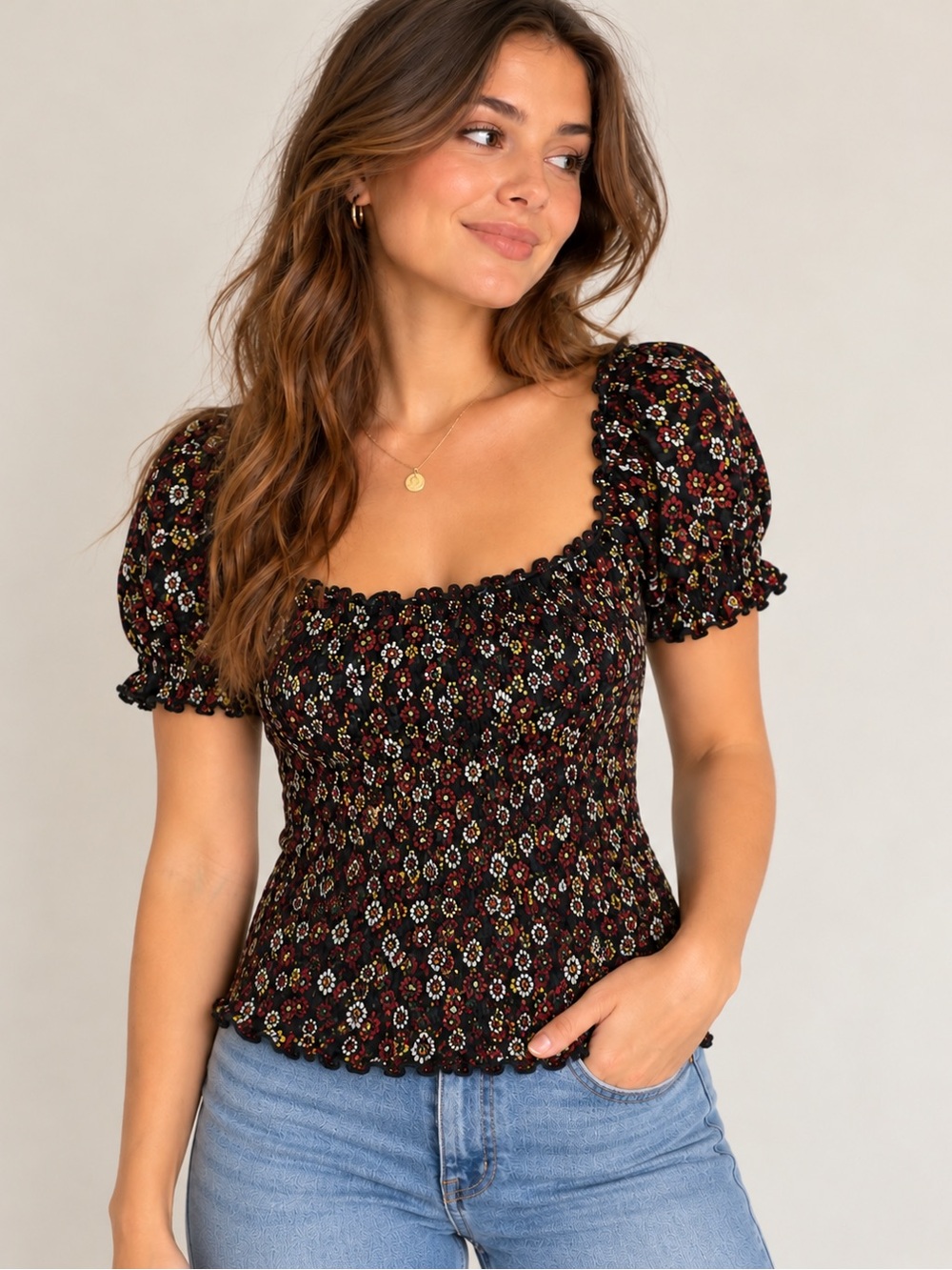 Heart Hips Black Floral Smocked Puff Sleeve Off Shoulder Top Small